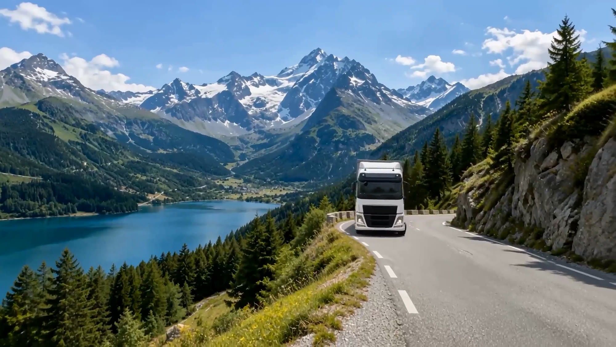 Camion Transcourrier sur une route de montagne, au bord d'un lac