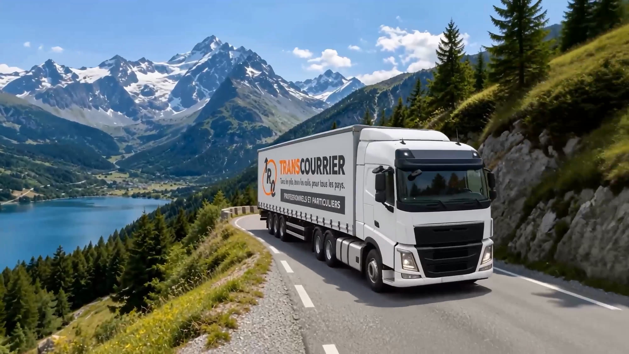 Camion Transcourrier sur une route de montagne